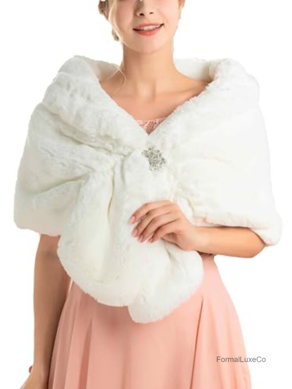 Faux Fur Shawl Wrap with Rhinestone Brooch One Size Bridal Evening Cape